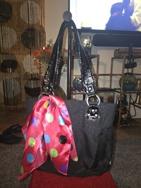 Black Tote Bag w/ Colorful Interior & Polka Dot Scarf By Dakine